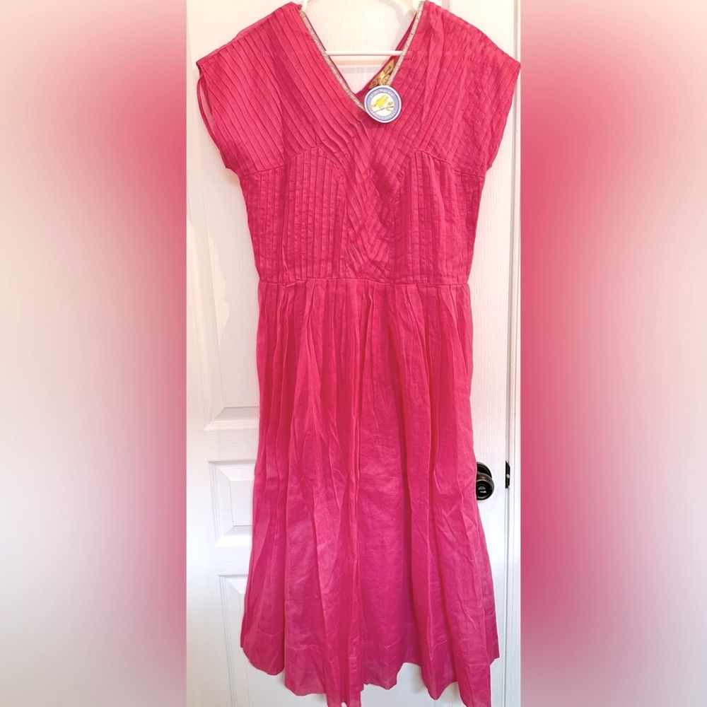 NWT April Cornell Fraise Boho Dress w Slip Magenta Pink Chevron Pintuck & Pleats